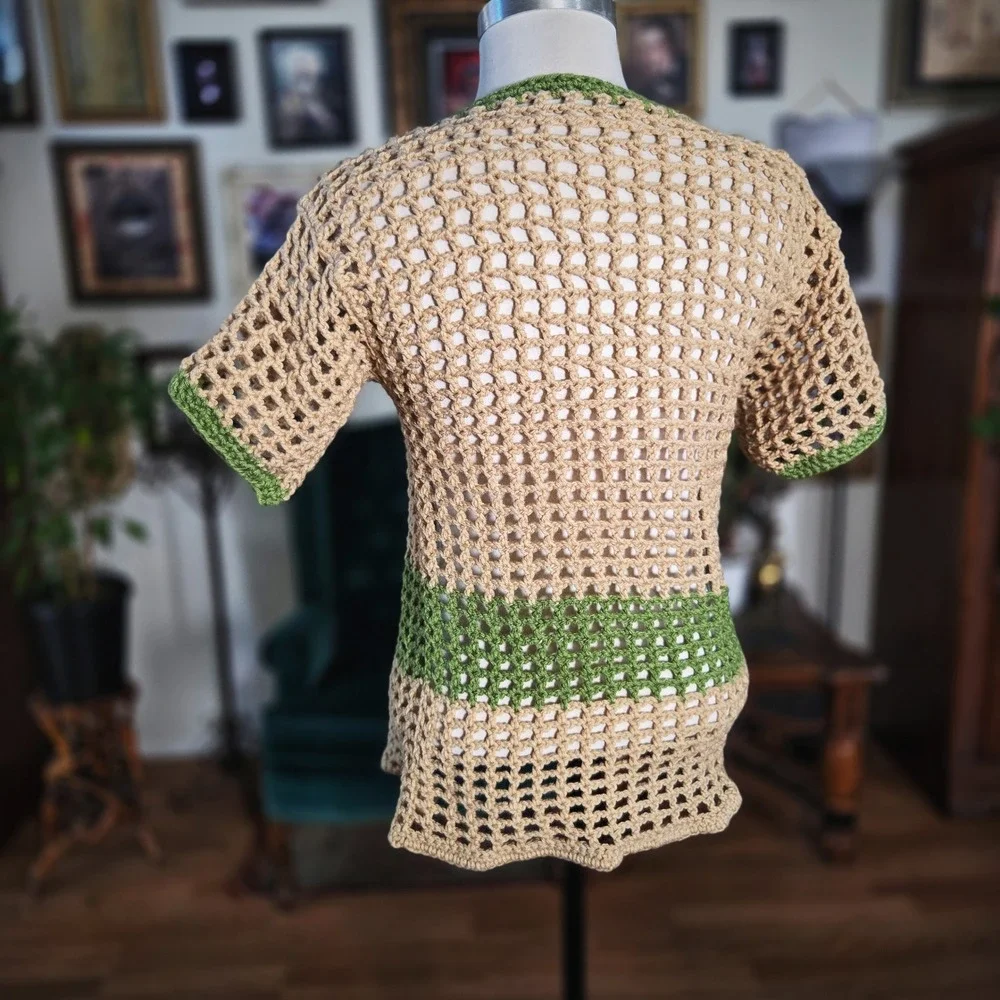 Samz‎ Creationz Handmade Crochet Mesh Top Tan Green Boho Open Knit Short Sleeve